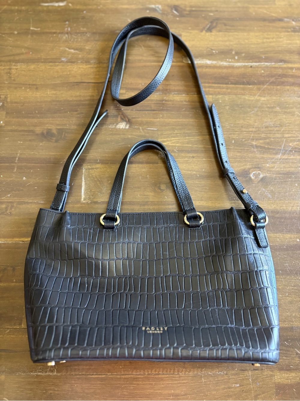 Radley London Eltham Mews Black Tote Handbag Crossbody Faux Croc Embossed Grab